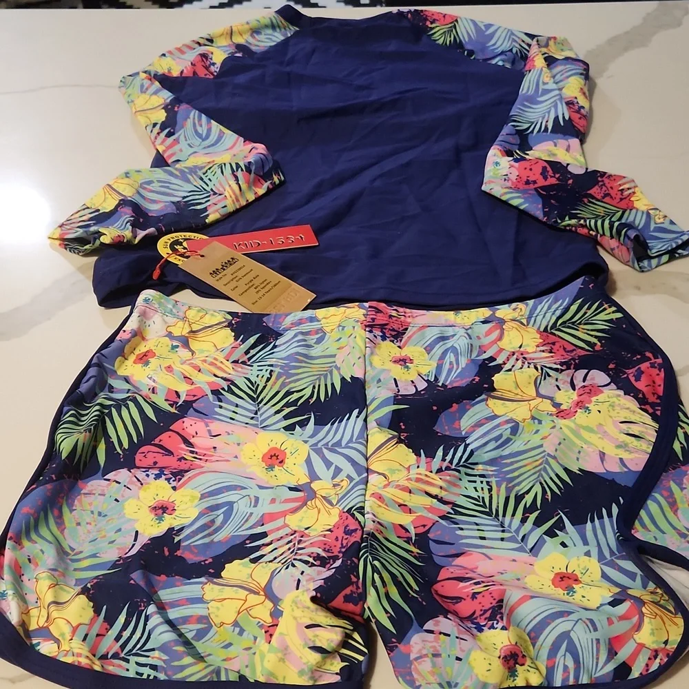 Girls Long Sleeve Swimsuit‎ 2 Piece Rash Guard Quick Dry blue sz 13-14y